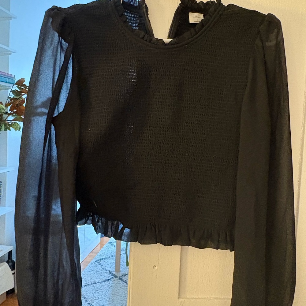 Aritzia Black Textured Blouse with Sheer Sleeves